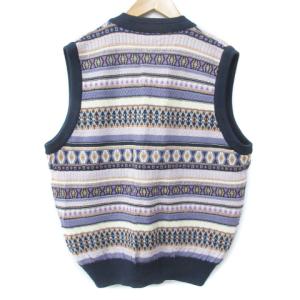 dunhill ニットベスト ミドル丈 シングルボタン マルチボーダー柄 M 紺 紫 ネイビー パープル