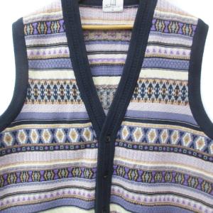 dunhill ニットベスト ミドル丈 シングルボタン マルチボーダー柄 M 紺 紫 ネイビー パープル