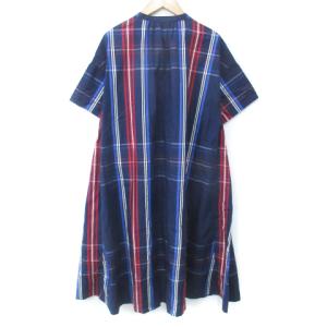 BEAMS BOY フレアワンピース ロング丈 半袖 スリットネック チェック柄 マルチカラー F 紺 白 ネイビー ホワイト