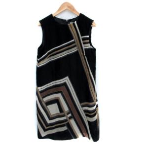 ワンピース ひざ丈 ノースリーブ ラウンドネック 総柄 ベロア マルチカラー 黒 ブラック /SM17