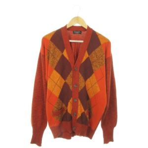 MONSIEUR 長袖カーディガン ニット Vネック チェック アーガイル柄 オレンジ
