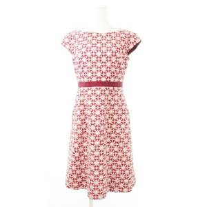 刺繍ワンピース ひざ丈 半袖 フレンチスリーブ ウエストマーク 総柄 花柄 2 M 赤 レッド OPTOHA0250