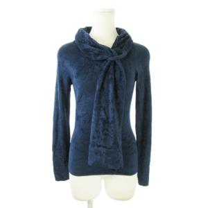 カットソー ベロア 長袖 スカーフカラー ストレッチ 光沢感 38 XS 紺 ネイビー