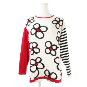 Tシャツ カットソー ロンT ラウンドネック 長袖 配色 切替 プリント 花柄 ボーダー 38 M 赤