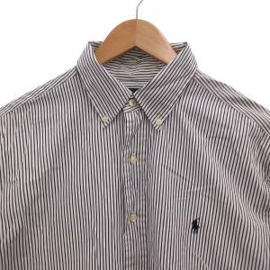 RALPH LAUREN BDシャツ ボタンダウン ロゴ刺繍 ストライプ 長袖 L 白 ホワイト 紺 ネイビー /FF