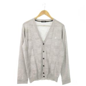 ニットカーディガン 長袖 Vネック ウール 格子編み ワンポイント ロゴ刺繍 袖裏チェック L グレー