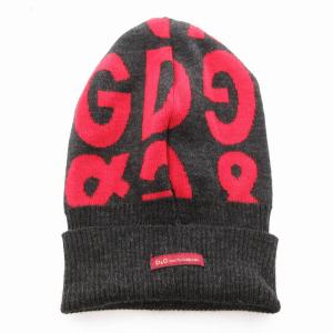 ニット帽 ビーニー ニットキャップ ロゴ M チャコールグレー 赤 レッド /JS