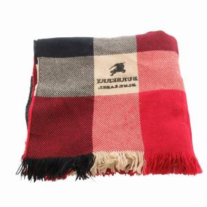 BURBERRY BLUE LABEL マフラー ストール チェック ロゴ刺繍 フリンジ 赤 レッド ベージュ 黒 ブラック /FF AA