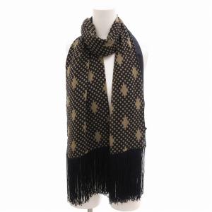 GIORGIO ARMANI 美品 ストール マフラー フリンジ 総柄 シルク 絹 バイカラー 紺 ネイビー ベージュ /FF