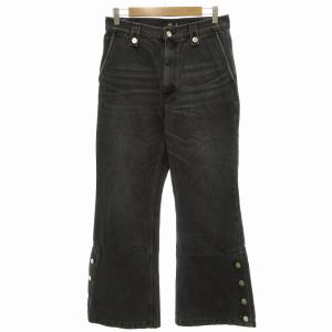 デニムパンツ ジーンズ フレア ウォッシュ加工 サイドボタン S 黒 ブラック /UO