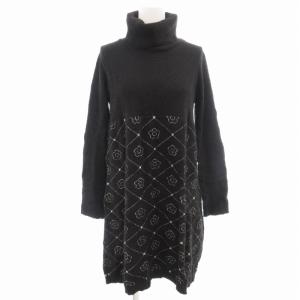 ニットワンピース 長袖 タートルネック 花柄 M 黒 ブラック /GV GY39
