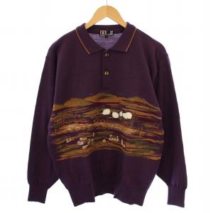 ニットポロ セーター 長袖 柄 刺繍 ウール L 紫 /BM MT