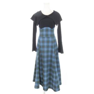 ビッグカラーチェックコルセットワンピース ドッキング 長袖 ロング マキシ レースアップ S 青 ブルー