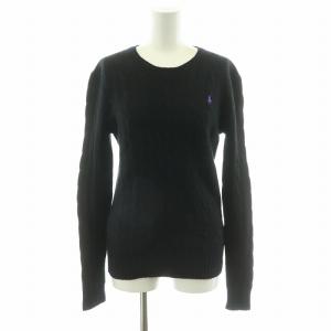 ケーブルニット セーター 長袖 クルーネック ポニー刺繍 ロゴ ウール カシミア混 S 黒 ブラック 0200011586