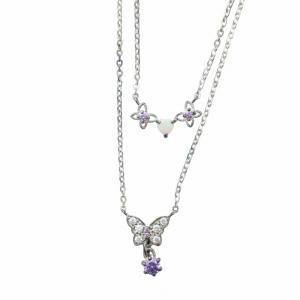 2連ネックレス アクセサリー ペンダント ロゴ 蝶々 バタフライ ラインストーン Silver925 シルバー色