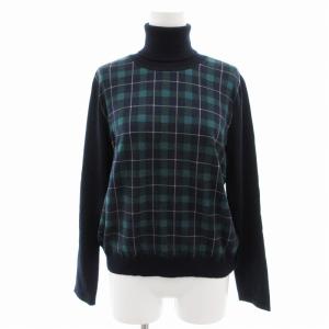 美品 ニット セーター タートルネック ブラックウォッチ チェック ウール 長袖 11 紺 ネイビー 緑