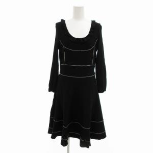フレアワンピース プルオーバー フリル 切替 リブ 長袖 ひざ丈 40 黒 ブラック /VU 0328