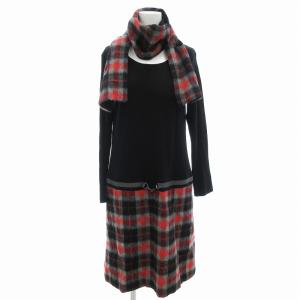 ニットワンピース マフラー付き チェック柄 アルパカ混 長袖 ひざ丈 2 黒 ブラック 赤 レッド /AE