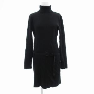 ワンピース ひざ丈 長袖 リブニット タートルネック ベルト付 M 黒 /JS
