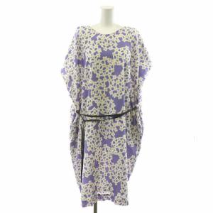 ワンピース ひざ丈 モスリン ウール 長方形衣 花柄 テキスタイル 紫 パープル 白 ホワイト /MP