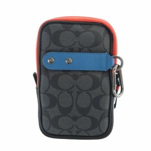 COACH ポーチ 小物入れ シグネチャー PVC レザー カラビナ付き ロゴ 黒 ブラック 青 ブルー GY35