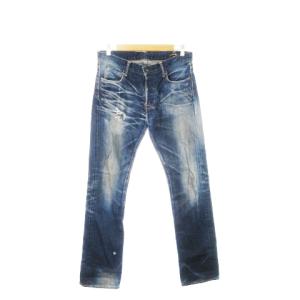 BLACK デニムパンツ ジーンズ ストレート 赤耳 ダメージ加工 ウォッシュ加工 ボタンフライ 31