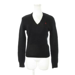 ニット セーター Vネック 長袖 ウール カシミヤ混 ロゴ刺繍 ワンポイント L 黒 ブラック /AH16