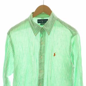 RALPH LAUREN ボタンダウンシャツ ストライプ 長袖 ポニー 麻 リネン100％ L グリーン ホワイト KKWS027362