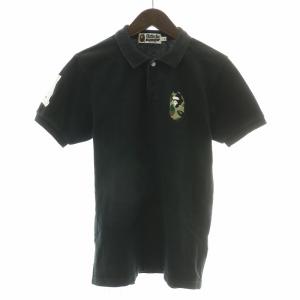 ポロシャツ 半袖 レギュラーカラー ハーフボタン ロゴ 刺繍 鹿の子 S 黒 ブラック /BB MA MT