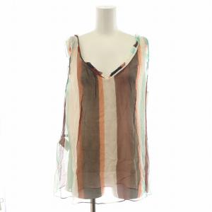 シャツ ブラウス ノースリーブ ボーター柄 シルク 絹 40 マルチカラー オレンジ 水色 ライトブルー