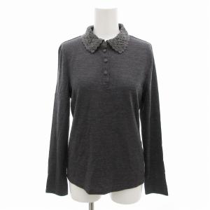美品 ニットポロシャツ レース デザインボタン ウール 長袖 40 ダークグレー /FF