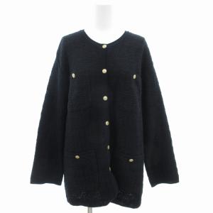 ツイード ニットジャケット ノーカラー ラメ 9 黒 ブラック 紺 ネイビー /GV
