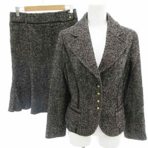 美品 スカートスーツ セットアップ ジャケット シルク混 4B ミモレ ロング 40 M グレー /OU