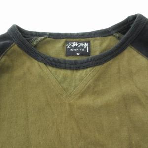 STUSSY 00s Tシャツ カットソー Vガゼット バイカラー 七分袖 M カーキ 黒 ブラック /HO