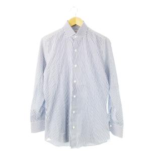 ワイシャツ Yシャツ レギュラー 長袖 コットン シェルボタン ストライプ 15.5 39 紺 ネイビー