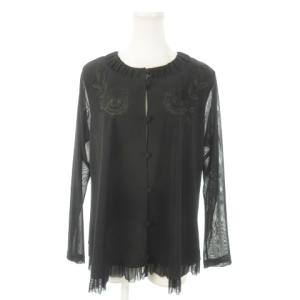 カーディガン カットソー 長袖 切替 チュール シアー プリーツ 刺繍 花柄 9 黒 ブラック /MN20