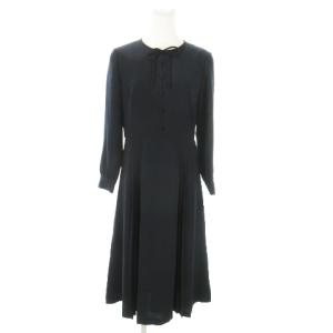 ミモレワンピース ロング 七分袖 プリーツ リボン ボタンデザイン 38 M 紺 ネイビー /AO3 GY19