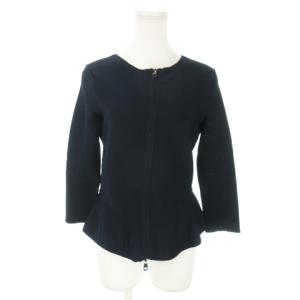 ニットジャケット ブルゾン ノーカラー 七分袖 ダブルジップ 切替 ペプラム ハリ感 38 M 紺 ネイビー
