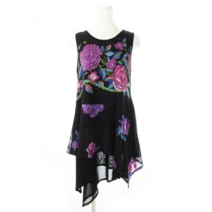 ヘムラインワンピース ミニ ノースリーブ ストレッチ 切替 プリント ローズ 花柄 9 黒 ブラック /CK27