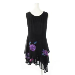 TOKUKO 1er VOL トクコ プルミエヴォル ヘムラインワンピース ミニ ノースリーブ ストレッチ 切替 プリント ローズ 花柄 9 黒 ブラック /CK27