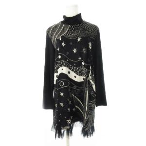 チュニックカットソー ハイネック 長袖 フリル ポイントチュール プリント ギャラクシー 総柄 9 黒