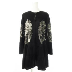 TOKUKO 1er VOL トクコ プルミエヴォル カーディガン 長袖 ロング丈 フレア ストレッチ プリント 果物 総柄 9 黒 ブラック /CK18 GY19