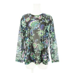 メッシュカットソー クルーネック 長袖 シースルー 透け感 ストレッチ 花柄 総柄 9 緑 グリーン /AH13