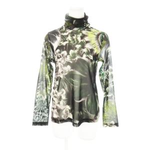 メッシュカットソー ギャザーハイネック 長袖 シースルー 透け感 ストレッチ ボタニカル 総柄 9 緑