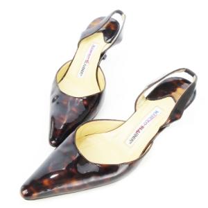 バックストラップパンプス ポインテッドトゥ ローヒール エナメル レザー べっ甲柄 36.5 23.5cm