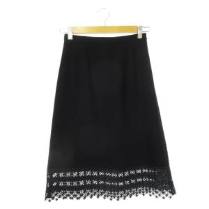 セミフレアスカート ひざ丈 裾レース ワンポイント シャリ感 38 S 黒 ブラック /CK28 GY19