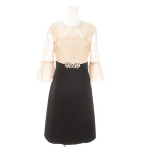 ドッキングワンピース ミモレ ロング 七分袖 レース ビジュー 透け感 36 S ピンク /AO6 GY19