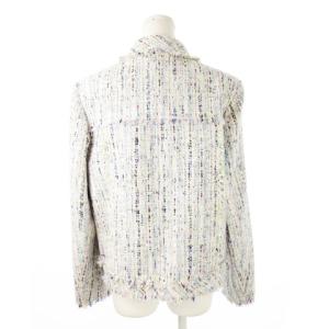 KARL LAGERFELD ツイードジャケット ステンカラー ファンシーツイード 比翼 フリンジ 大きいサイズ 46 LL 青 ブルー