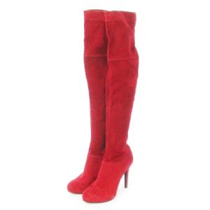 シルキーストレッチ ニーハイブーツ ハイヒール アーモンドトゥ スエード 24.5cm 赤 レッド 60255