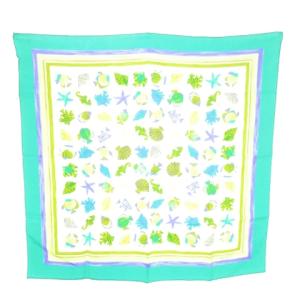 スカーフ 大判 スクエア 絹 シルク 総柄 マリン 貝殻 魚柄 緑 グリーン /AO2 GY19